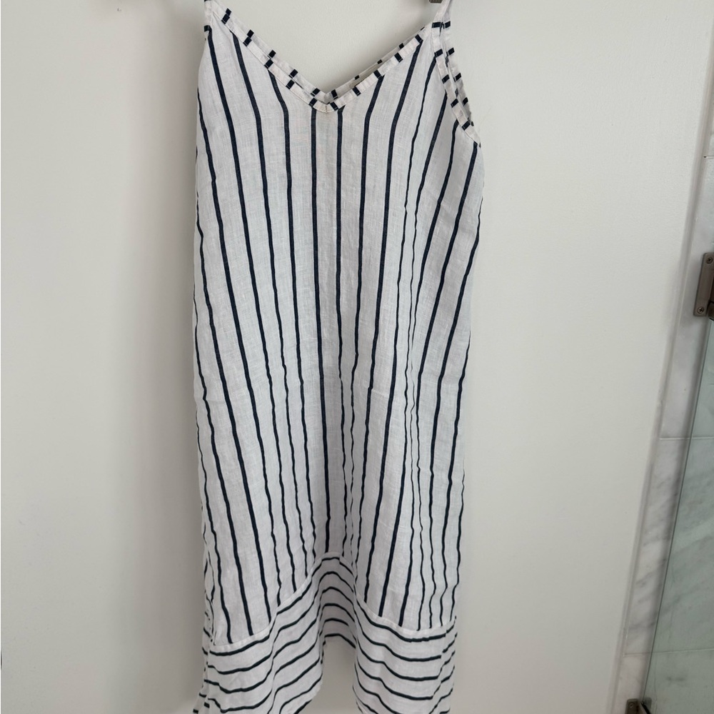 Striped V-Neck Spaghetti Strap Dress - White with Navy Stripes
